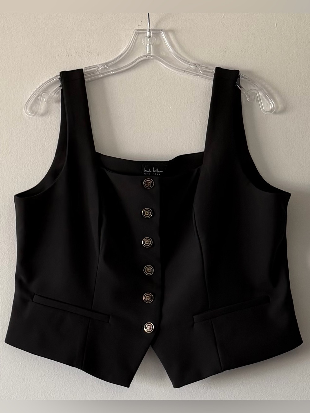Nicole Miller New York Tailored Suit Vest Top Black Square Neck Button Front L